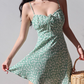 French retro fresh green bottom small floral suspender dress short skirt R2862