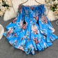 Holiday one-shoulder off-shoulder printed chiffon jumpsuit skirt super fairy wide-leg pants jumpsuit R0380
