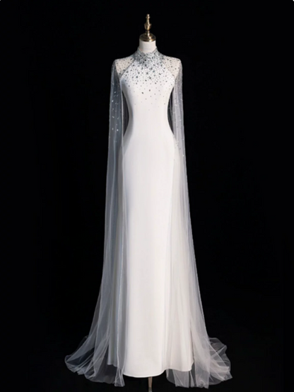 Elegant White Sheath Halter Long Wedding Dress with Tulle Train and Beading around the Neck RS146