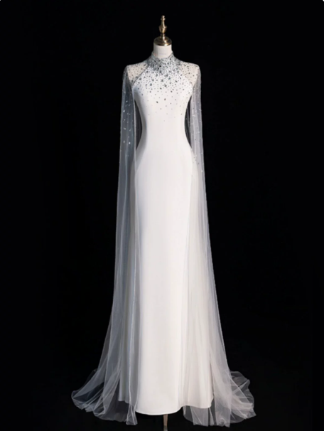 Elegant White Sheath Halter Long Wedding Dress with Tulle Train and Beading around the Neck RS146