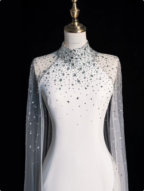 Elegant White Sheath Halter Long Wedding Dress with Tulle Train and Beading around the Neck RS146
