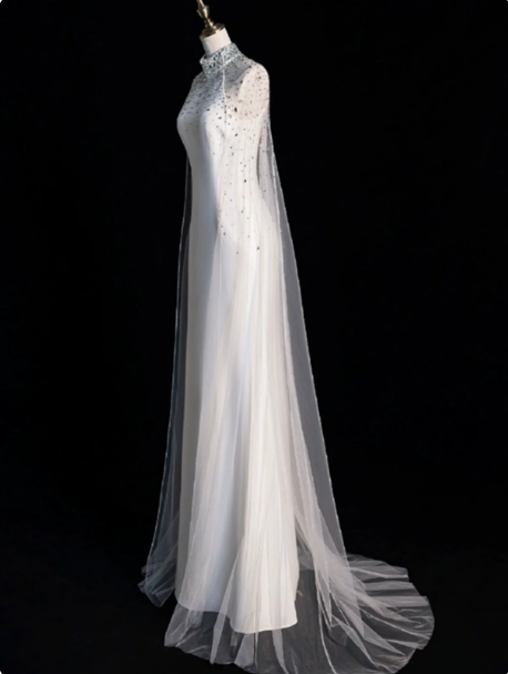 Elegant White Sheath Halter Long Wedding Dress with Tulle Train and Beading around the Neck RS146