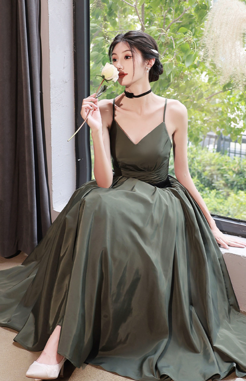 Resort Bud Green Prom Gown , Silky Satin Pleated Corset Maxi Summer Dress Cami Dress RS1731