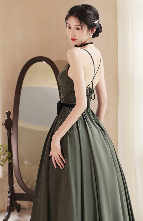 Resort Bud Green Prom Gown , Silky Satin Pleated Corset Maxi Summer Dress Cami Dress RS1731