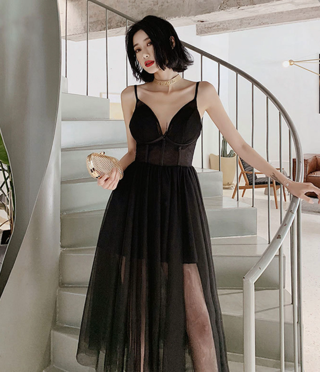 Sexy Black Prom Gown , Tulle Hazy Corset Maxi Summer Dress Cami Dress RS1732