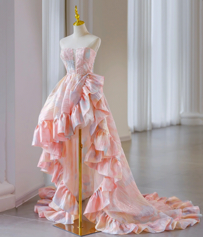 Stunning Pink Prom Gown , Floral Hazy Pleated Corset Hi-Lo  Evening Dress Birthday Dress RS1734