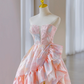 Stunning Pink Prom Gown , Floral Hazy Pleated Corset Hi-Lo  Evening Dress Birthday Dress RS1734
