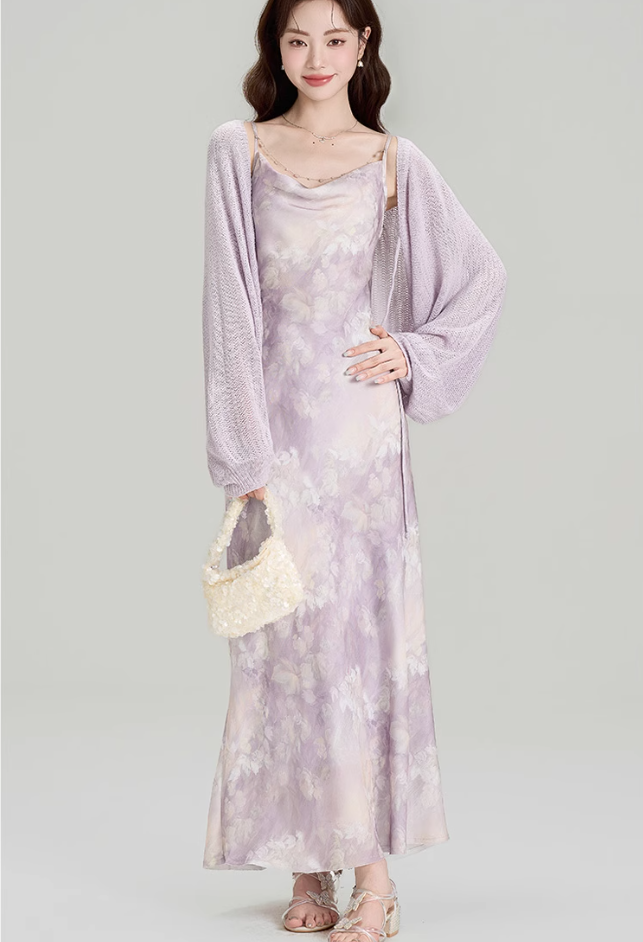 New summer French holiday style swing collar suspender dress plus cardigan shawl complete set R2404