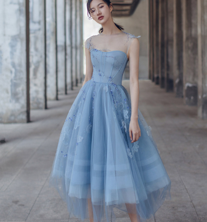 Stunning Baby Blue Prom Gown , Tulle Applique Hazy Corset Maxi Evening Dress RS1735