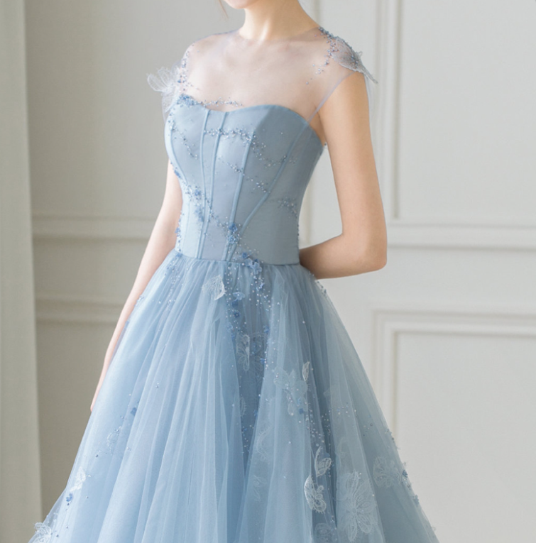 Stunning Baby Blue Prom Gown , Tulle Applique Hazy Corset Maxi Evening Dress RS1735