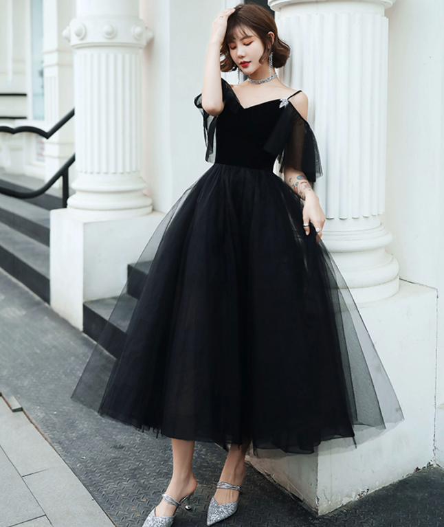 Stunning Black Prom Gown , Tulle Hazy Corset Maxi Evening Dress Cami Dress RS1736