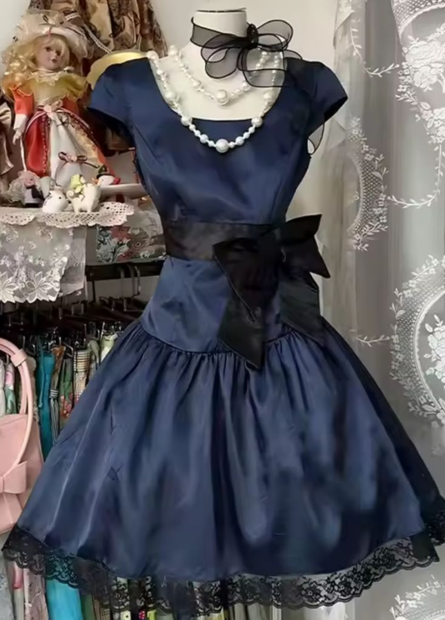 Navy Elegant Homecoming Dress , Silky Satin Lace Trim Corset Short Prom Dress RS1704