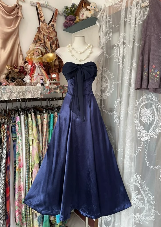 Charming Navy Prom Gown , Satin Silky Corset Maxi Evening Dress Summer Dress RS1737