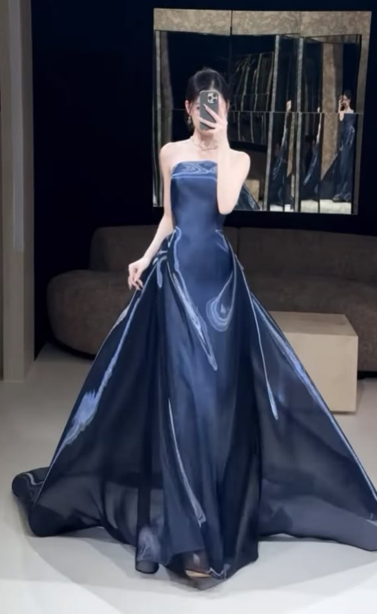 Elegant Navy Prom Gown , Silky Satin Corset Maxi Evening Dress RS1739