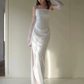 Minimalist White Sheath Strapless Long Wedding Dress with High-slit RS147