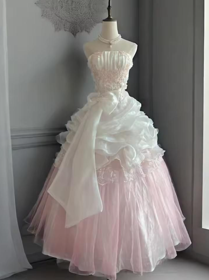 Gentle Blush Pink Prom Gown , Tulle Pleated Corset Maxi Evening Dress Birthday Dress Ball Gown RS1740