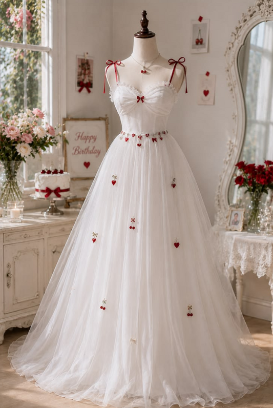 Stunnning White A-Line Spaghetti Straps Tulle Cherry Decor Corset Maxi Wedding Dress RS1741