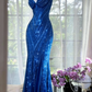 Purple sequined halter-neck fitted sexy ball gown R6526