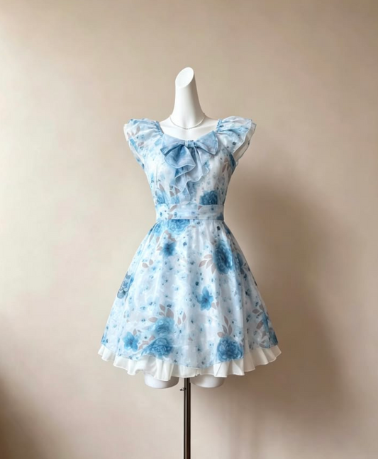 Fresh Baby Blue Homecoming Dress , Floral Vibrant Corset Mini Summer Dress Party Dress RS1710