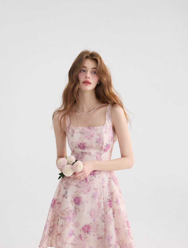 Floral suspender skirt outfit with waist-pinching dress pink short skirt for women in summer R3458