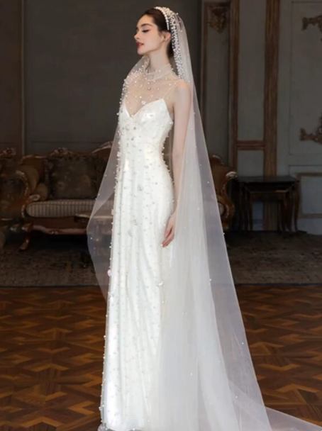 Elegant White Sheath Spaghetti Straps Long Wedding Dress with Beaded RS148