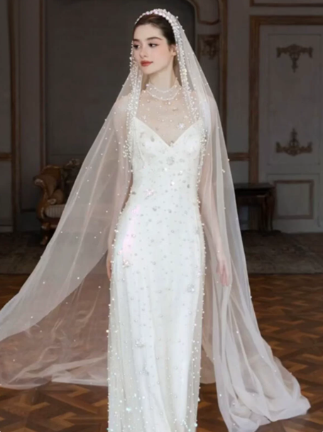 Elegant White Sheath Spaghetti Straps Long Wedding Dress with Beaded RS148