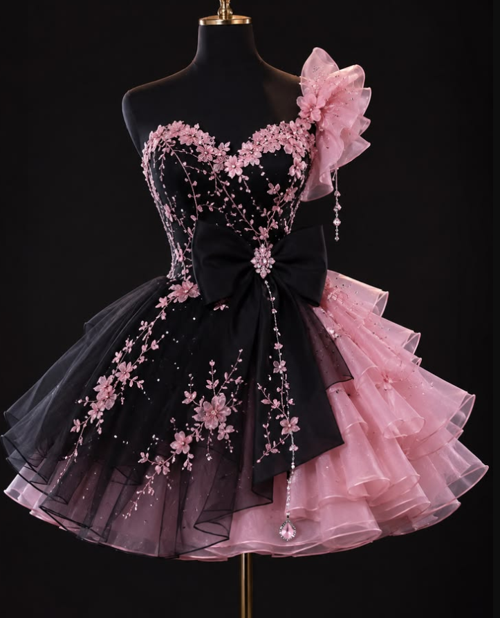 Dreamy Black and Pink Homecoming Dress , Tulle Frilled High End Corset Short Prom Dress Birthday Dress RS1746
