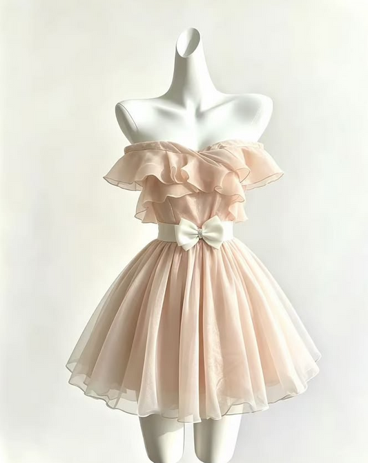 Gentle Champagne Homecoming Dress , Tulle Pleated Corset Mini Birthday Dress RS1749