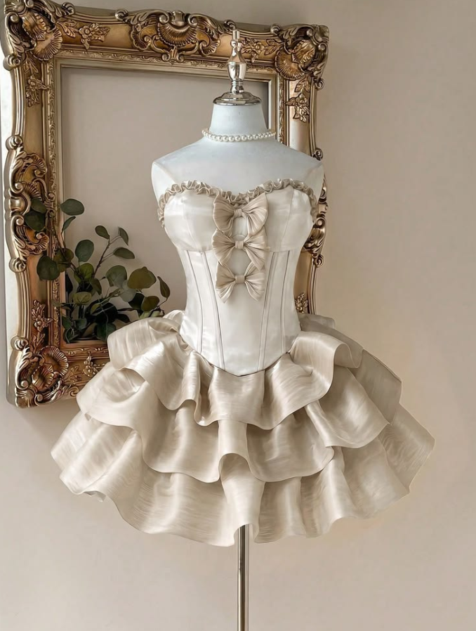 Stunning Ivory Homecoming Dress , Ruffled Silky Satin Corset Short Prom Dress RS1750