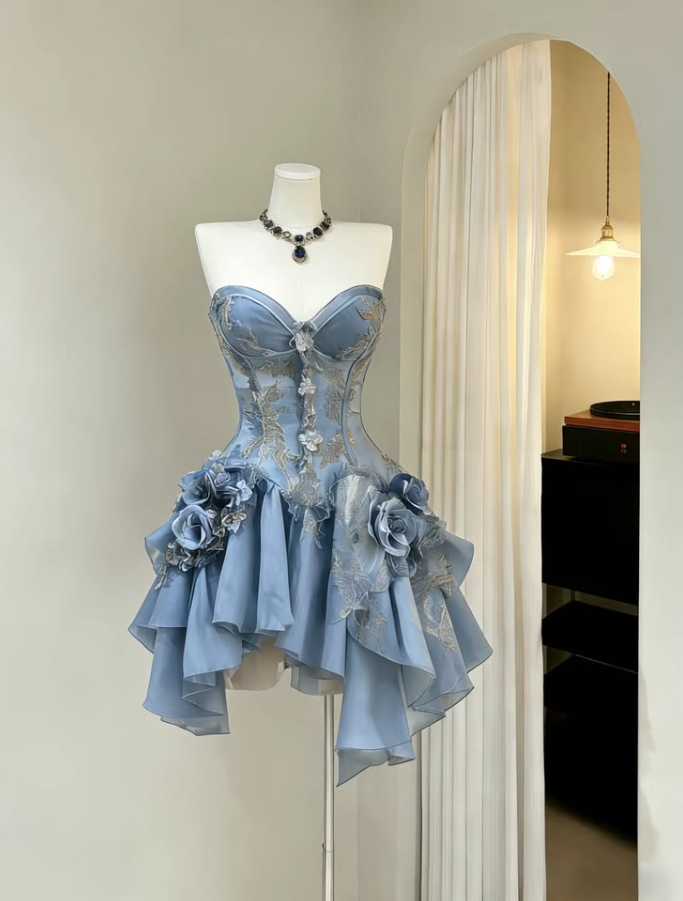 Stunning Baby Blue Homecoming Dress , Pleatd 3D Floral Corset Short Prom Dress RS1751