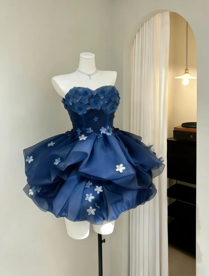 Dreamy Navy Homecoming Dress , Puffy Tulle Applique Corset Short Prom Dress RS1752