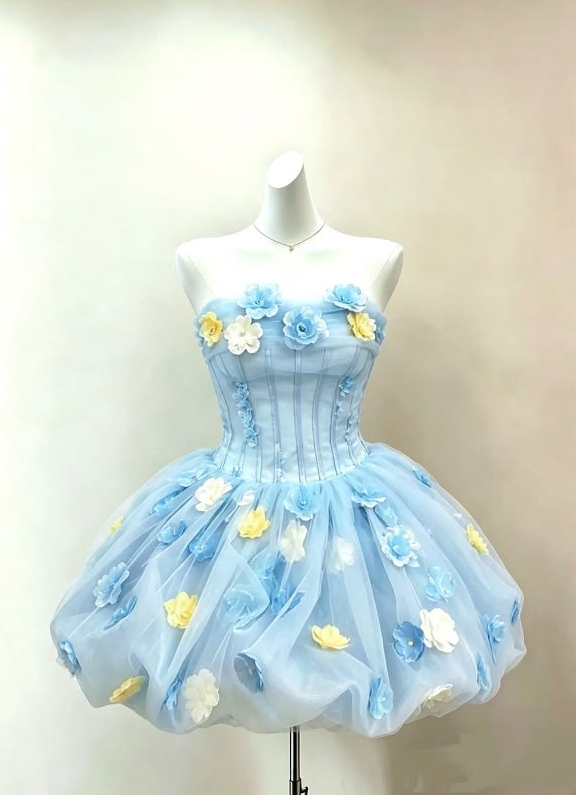 Cute Pale Blue Homecoming Dress , Puffy Tulle Applique Corset MIni Summer Dress RS1753