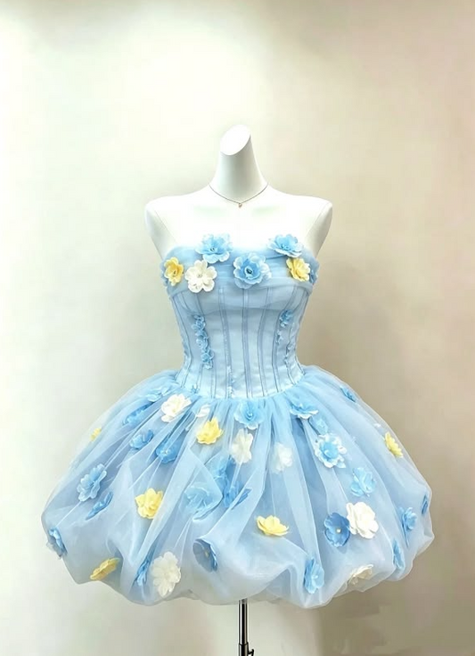 Cute Pale Blue Homecoming Dress , Puffy Tulle Applique Corset MIni Summer Dress RS1753