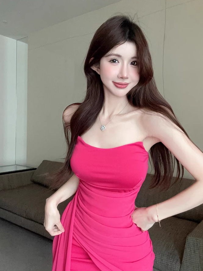One-shoulder tube top dress niche design ribbon slim hip-hugging small gift skirt R0560