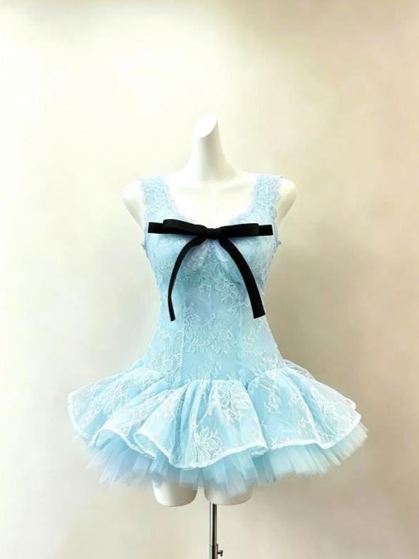 Resort Pale Blue Homecoming Dress , Puffy Lace Embroidered Corset MIni Summer Dress RS1754