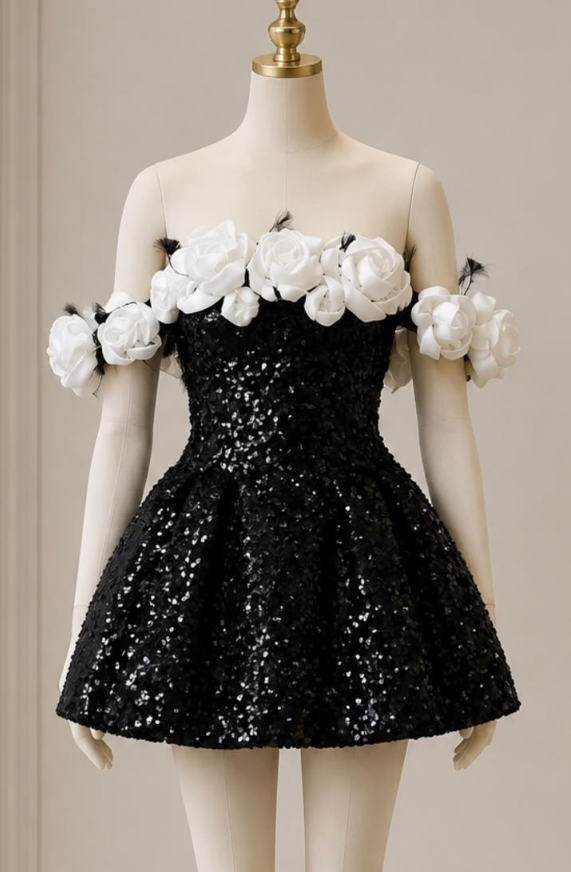 Sparkly Black Homecoming Dress , Sequins 3D Floral Corset Short Prom Dress RS1756