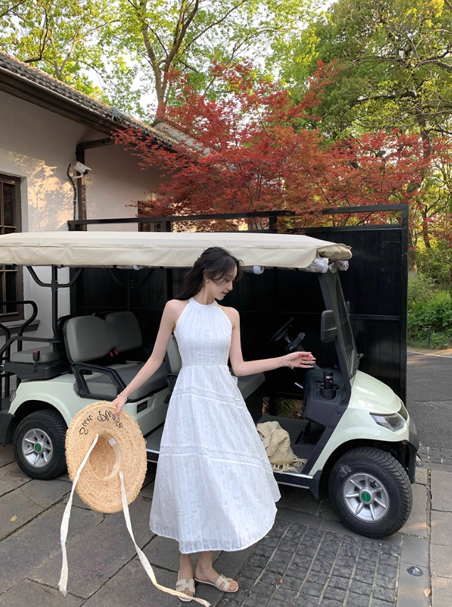 French style white sleeveless halter neck off-shoulder dress midi dress women's summer new style R4377