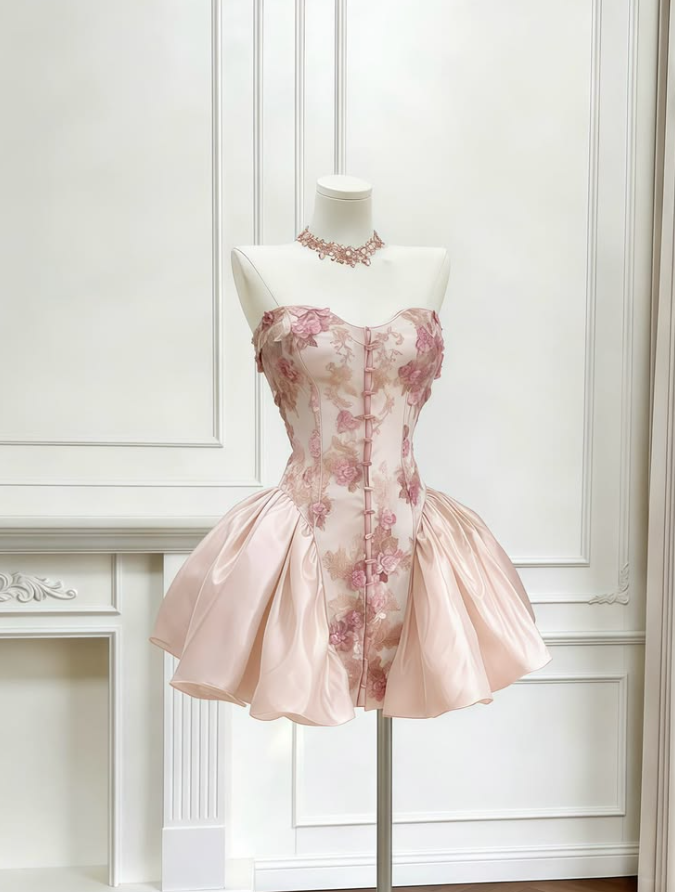 Stunning Pink Homecoming Dress , Silky Chiffon Applique Corset Short Prom Dress RS1759
