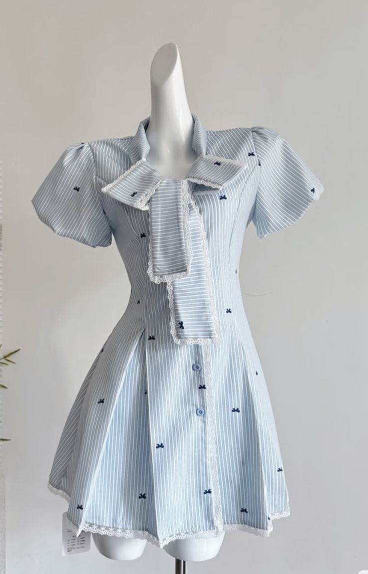 Blue and white striped puff sleeve slimming A-line short skirt homecoming dress R2534