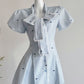 Blue and white striped puff sleeve slimming A-line short skirt homecoming dress R2534