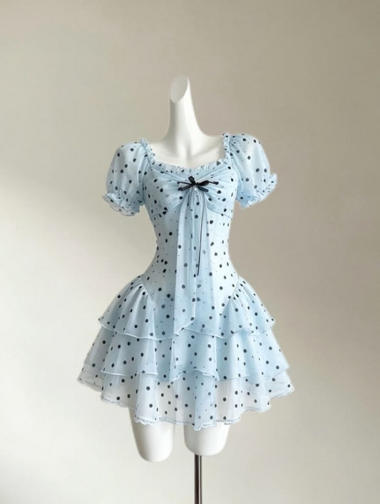 Ruffled Pale Blue Homecoming Dress , Polka Dots Corset Mini Summer Dress RS1772