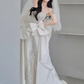 Cute White A-Line Sweetheart Satin Bow Ribbon Wedding Dress with Beaded RS151