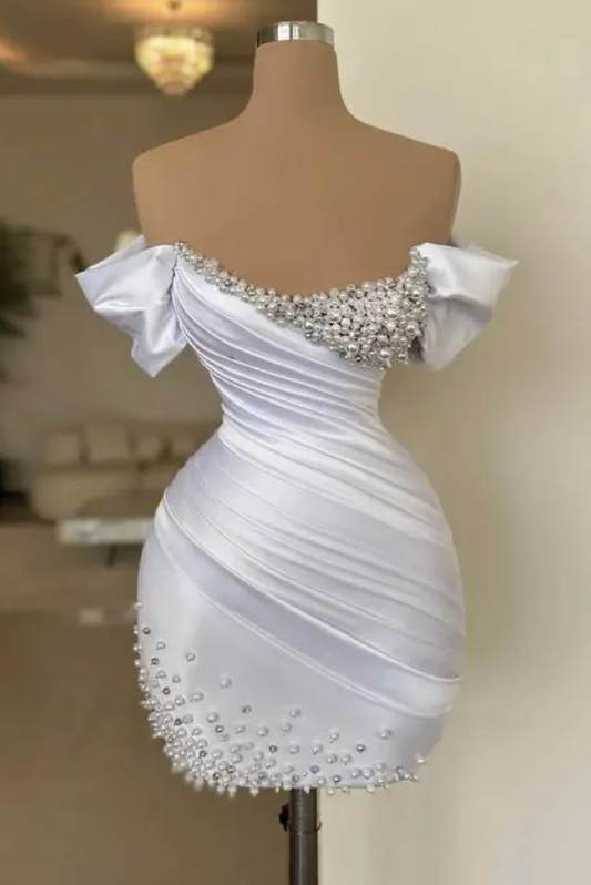 Beaded Silky Homecoming Dress , High End Glitter White Corset Short Prom Dress RS1776