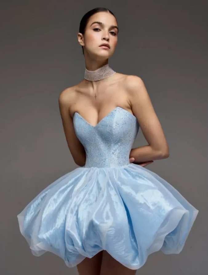 Silky Tulle Homecoming Dress , Stunning Baby Blue Corset Short Prom Dress RS1782