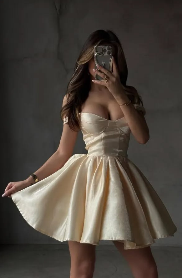 Silky Satin Homecoming Dress , Sparkly Champagne Corset Short Prom Dress RS1784