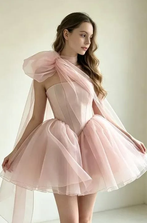 Strapless Puffy Tulle Homecoming Dress , Gentle Pink Mini Birthday Dress Party Dress RS1786