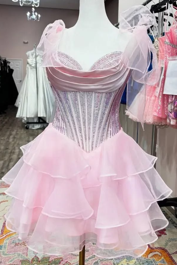 Sequins Puffy Chiffon Homecoming Dress , Charming Pink Mini Birthday Dress Party Dress RS1787
