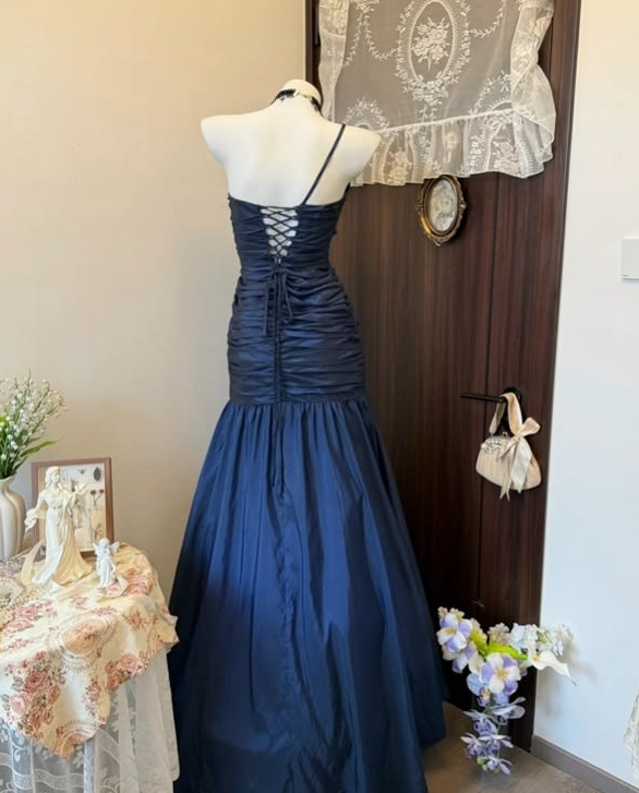 Pleated Applique Bodycon Prom Gown ,  High End Navy Maxi Evening Dress Ball Gown RS1793