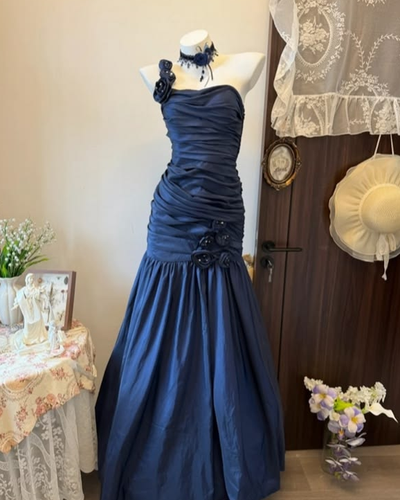 Pleated Applique Bodycon Prom Gown ,  High End Navy Maxi Evening Dress Ball Gown RS1793