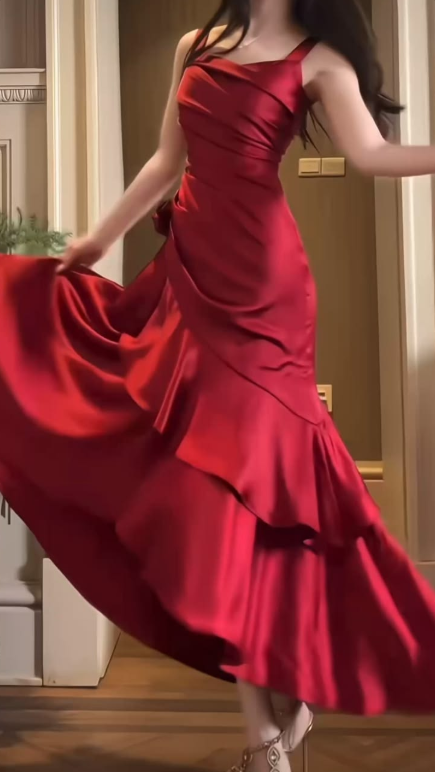 Silky Satin Bodycon Prom Gown ,  Ruffled Red Maxi Evening Dress Ball Gown RS1794